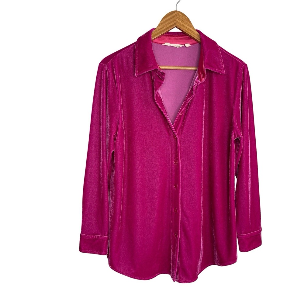 Soft Surroundings Womens Top PM Medium Petite Pink Crushed Velvet Button Up